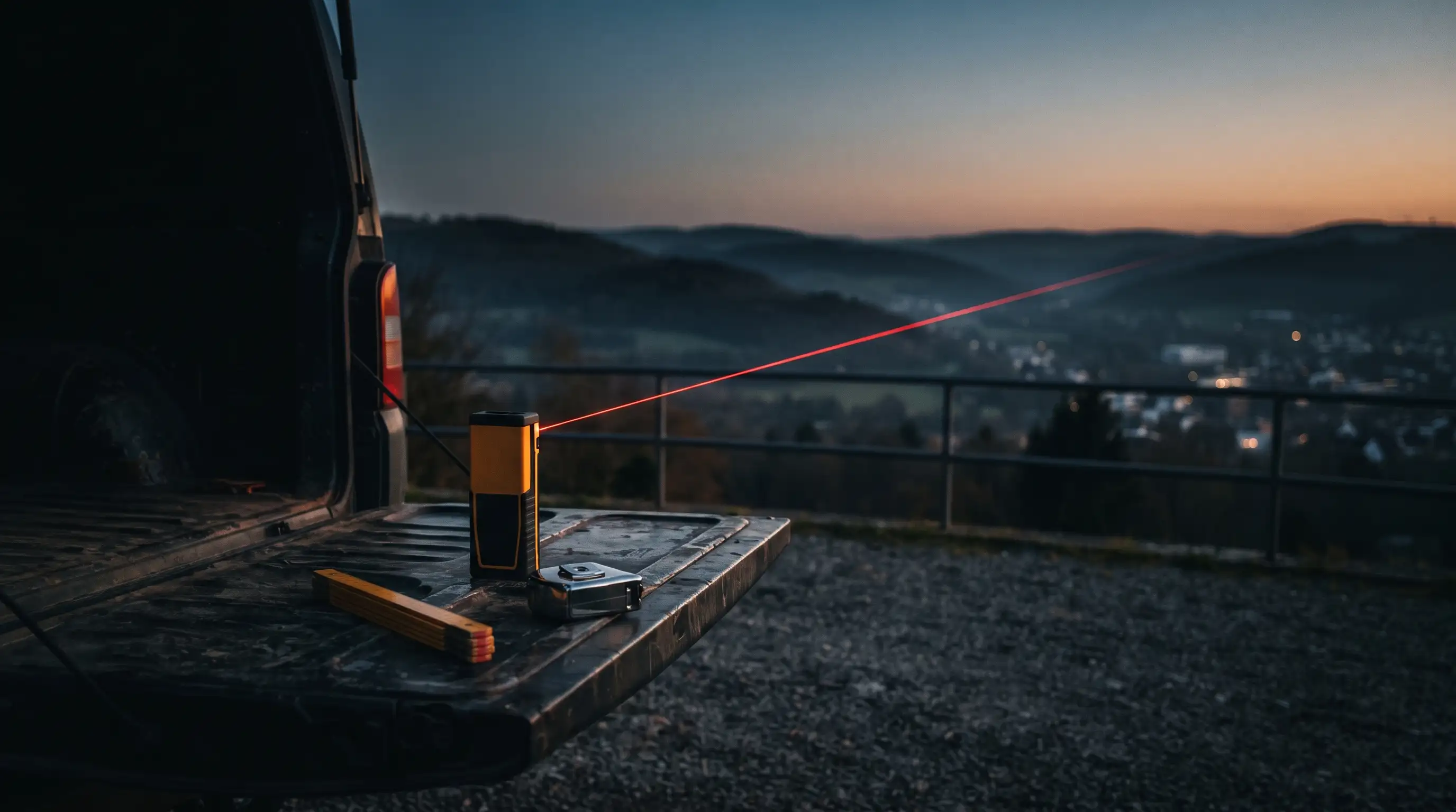 Laser-Entfernungsmesser, Zollstock und Bandmaß auf der Ladekante eines Transporters, der rote Laserstrahl reicht über ein Tal bis zu den Lichtern eines Ortes am Horizont