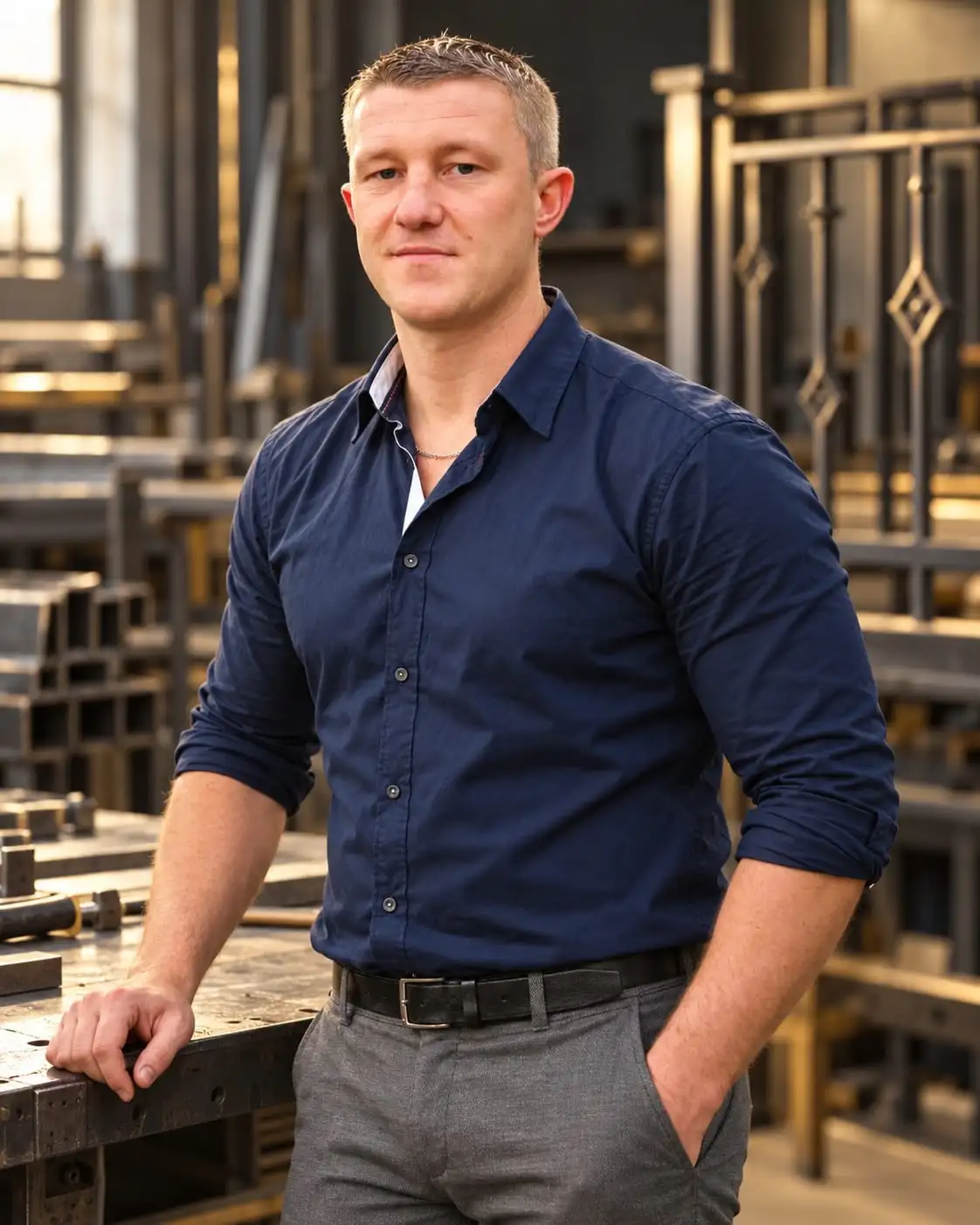 Alexander Blaschke, Metallbauermeister, in dunkelblauem Hemd an einer Werkbank