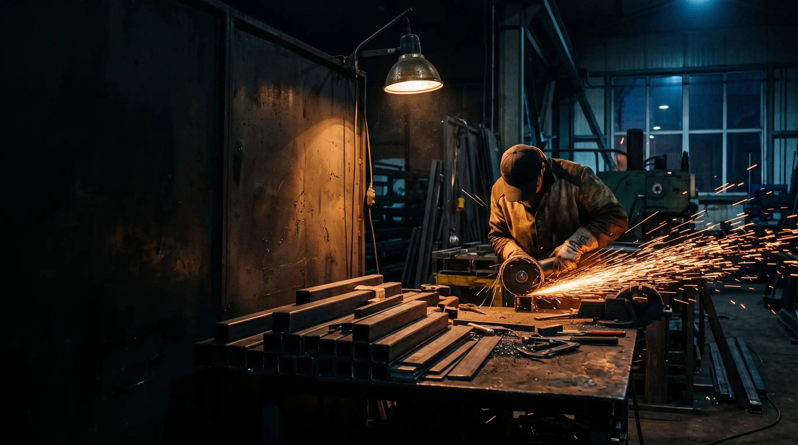 Dunkle Metallwerkstatt bei Nacht, Stahlprofile auf der Werkbank, Funkenfächer vom Trennschleifer